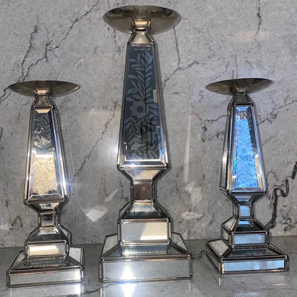 Three piece mirrored candle holder set